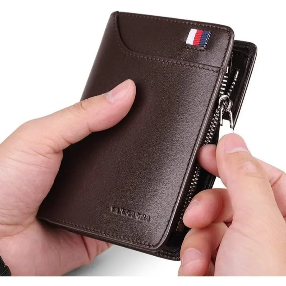 Men's Wallets Card Brown Genuine Leather Slim Front Zipper Coin Pocket Design